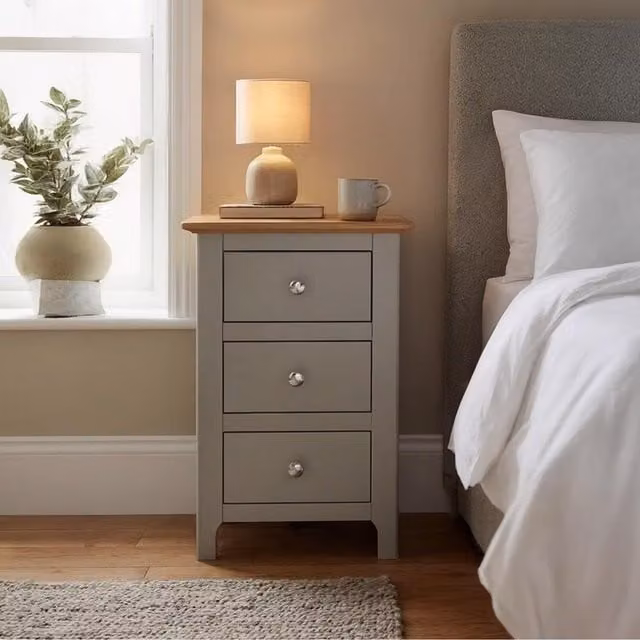 Taberno Pair of 2 Sage Green 3 Drawer Bedside Tables with Oak Effect Top