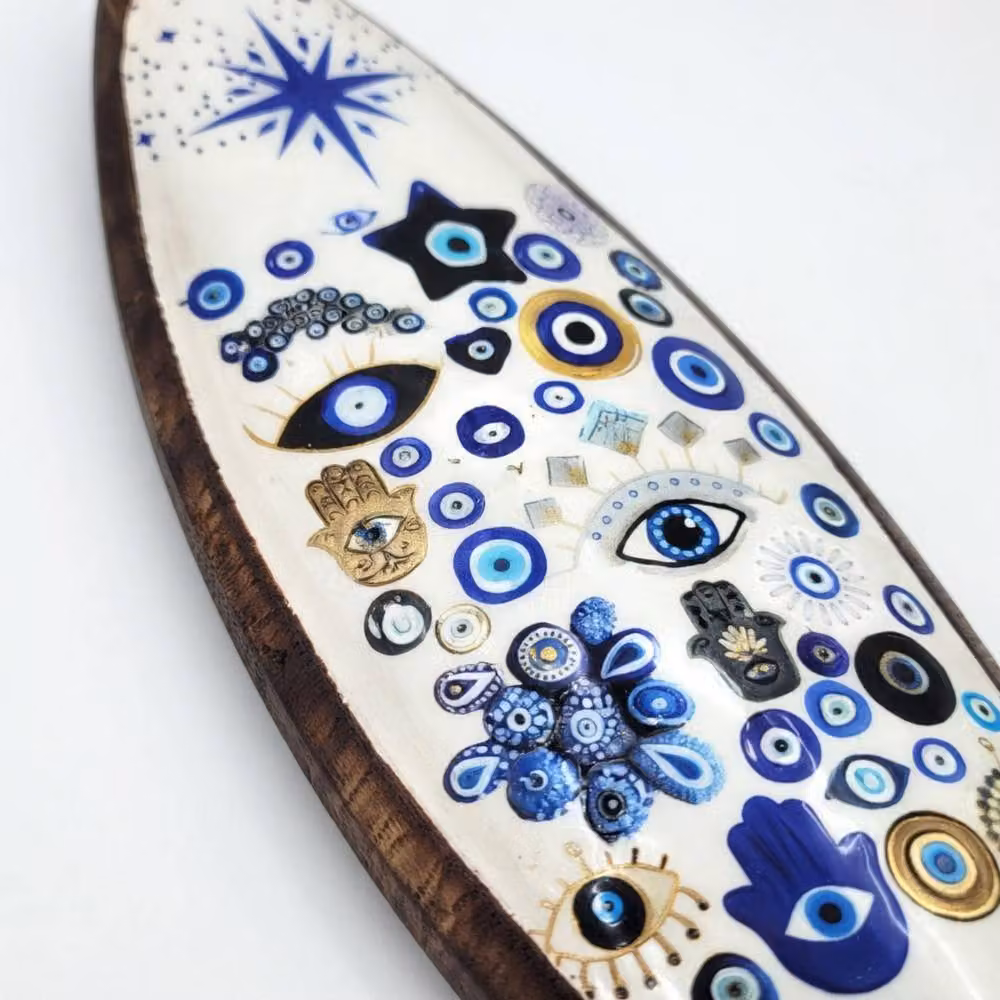 KDMD Handcrafted Blue Evil Eye Mango Wood Incense Bowl and Ash Catcher – 3