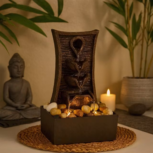 GEEZY Tiers Design Tabletop Indoor Water Fountain with LED Lights, Brown and Grey