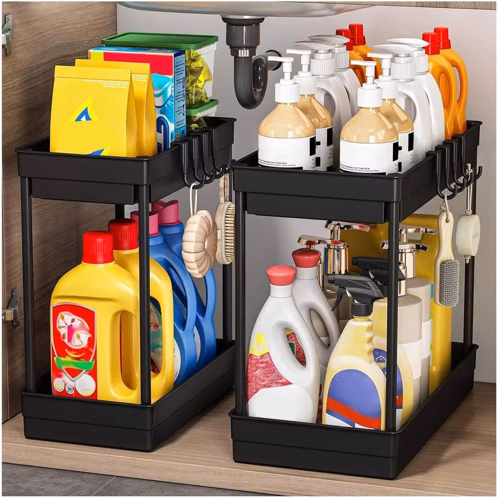 FORGEVIO 2 Pack Under Sink Pull Out Storage Organiser Shelf Rack in Black – 4