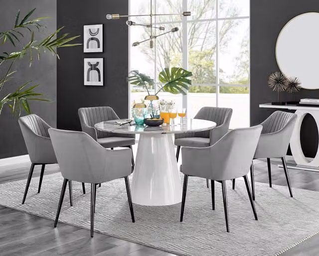 Furniturebox Palma Round White Marble Effect Dining Table and 6 Calla Black Leg Chairs in Grey