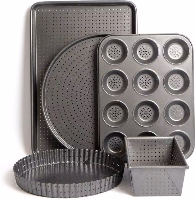 MasterClass 5-Piece Non-Stick Crusty Bake Bakeware Set in Black, including 25cm Quiche Tin, 32cm Pizza Crisper, 12-Hole Yorkshire Pudding Tray, 2lb Loaf Pan and 32cm Baking Tray