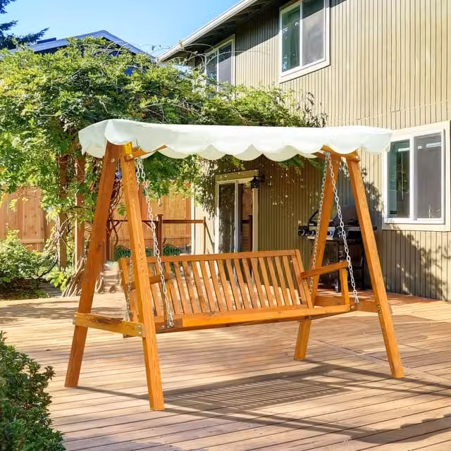 Outsunny 3 Seater Wooden Swing Chair with Sun Canopy in Cream