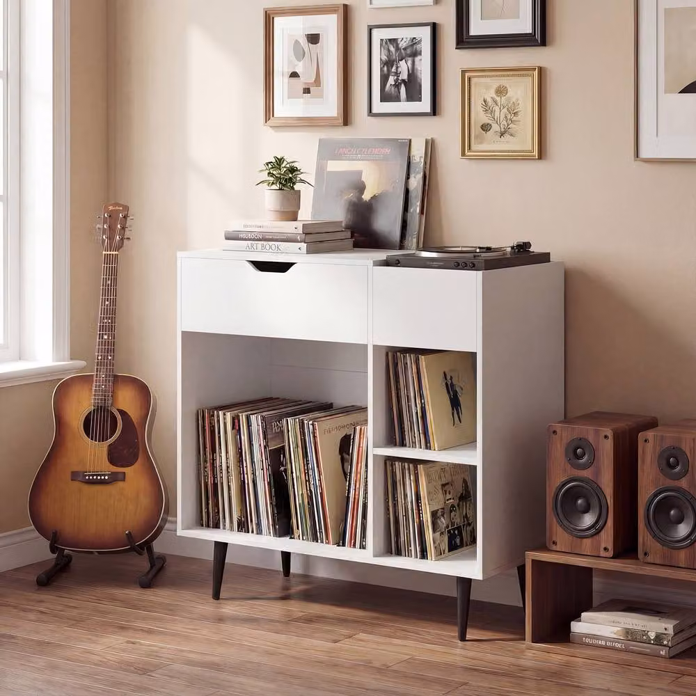 Costway Wooden Record Player Stand and Turntable End Table with Built-In Power Strip in White – 6