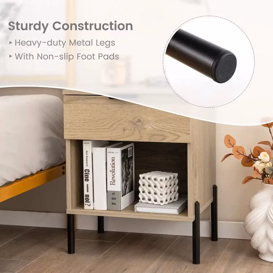 Costway Mid Century Modern Nightstand Bedside Table with Charging Station in Natural Brown – 5