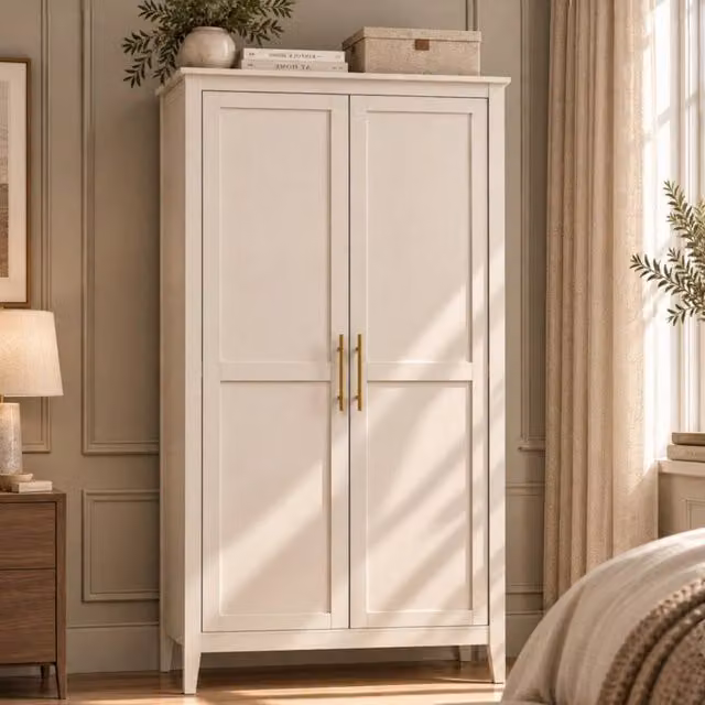 Merax 2 Door Double Freestanding Wardrobe with Hanging Rail and Open Shelf in Beige and Gold, H 180 x W 102 x D 55 cm – 1