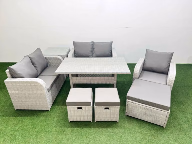 Fimous Grey Poly Rattan Garden Furniture Set with Reclining Chair, Loveseat Sofa, Rectangular Glass Dining Table and 3 Stools