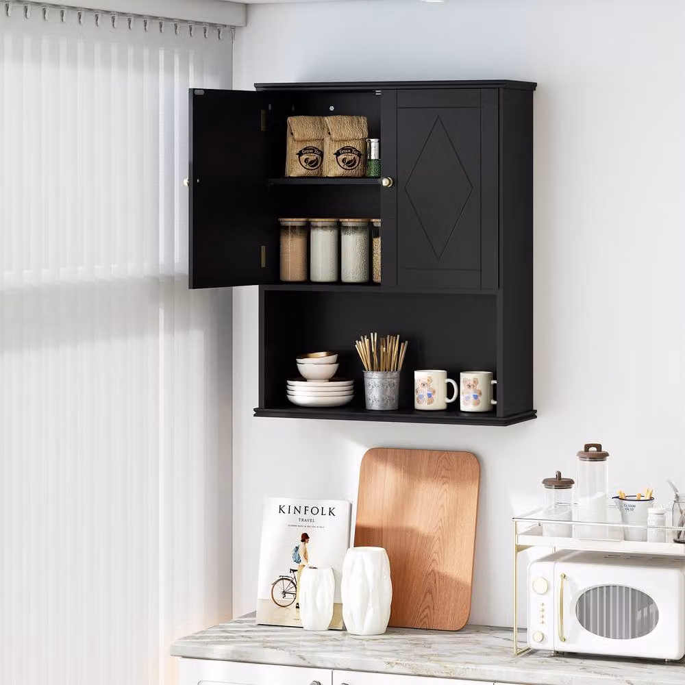 Costway Black Wooden Wall Mounted 2-Door Bathroom and Kitchen Medicine Cabinet with Internal Shelves – 6