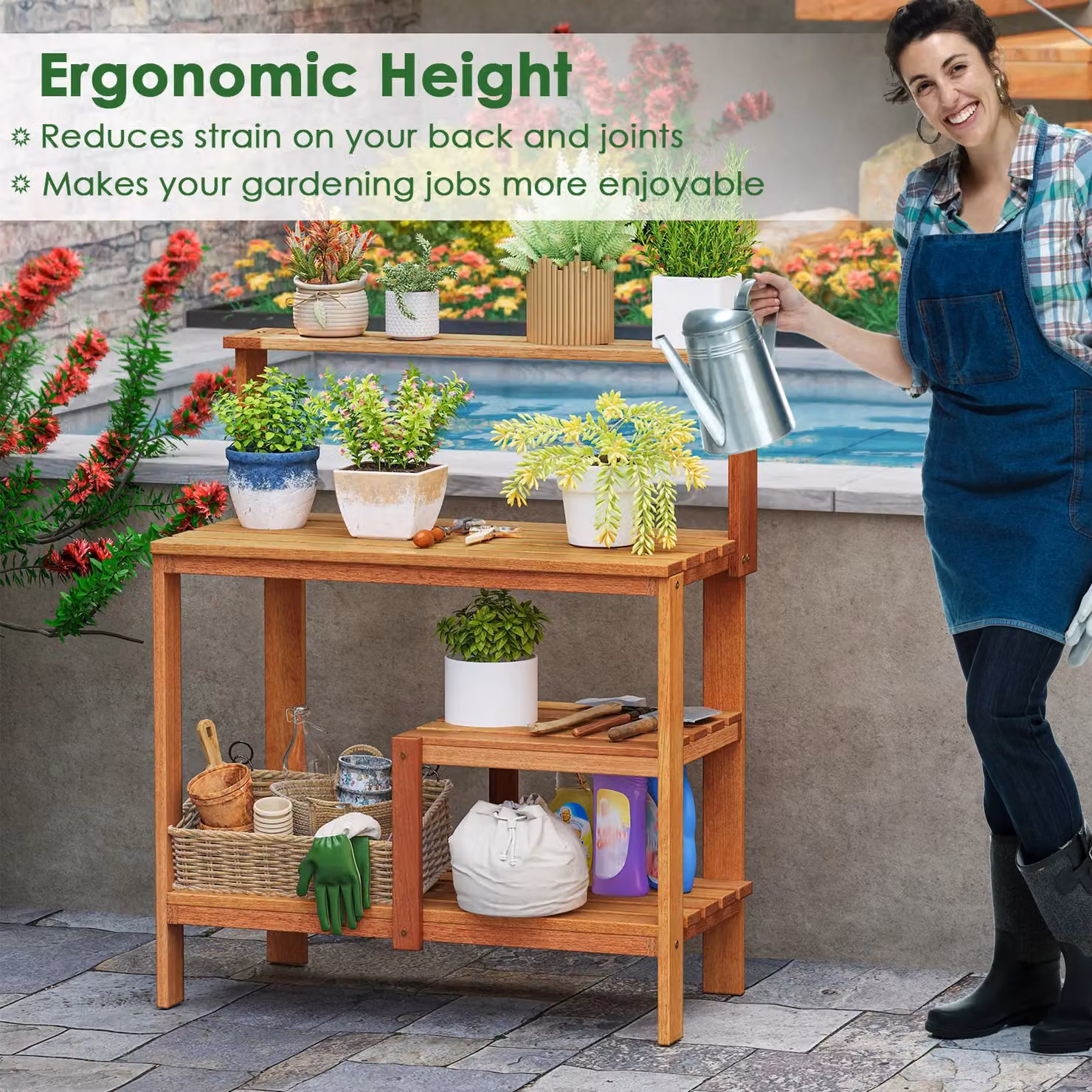 Gymax Rustic Wood Garden Potting Bench Table and Planting Workstation with Open Shelves in Brown – 2