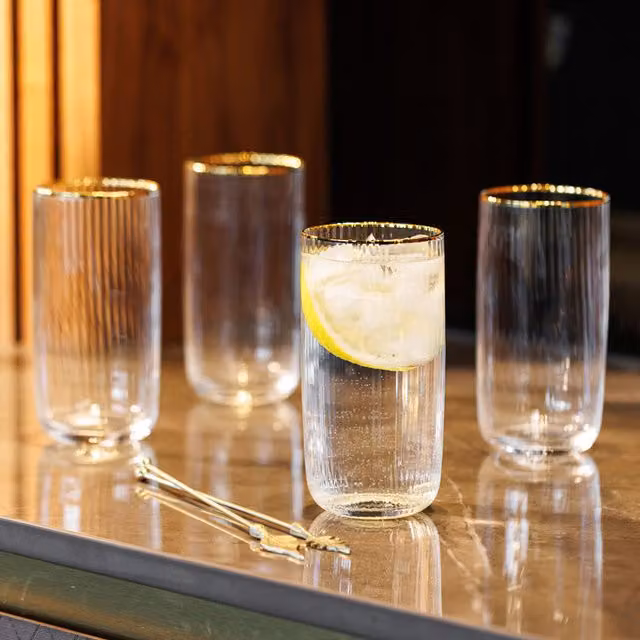 Mikasa Set of 4 Striped Gold Crystal Highball Tumbler Glasses, 510 ml each