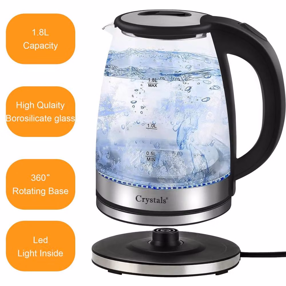 Crystals 1.8L Glass Electric Kettle with 360 Degree Base and Blue LED Light, 1500W, Clear, Diameter: 24 cm – 6