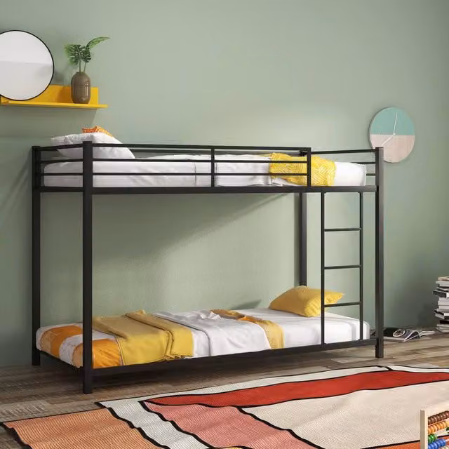Costway Single Metal Bunk Bed Frame with Ladder and Full-length Guardrails in Black, 90 x 190 cm – 1