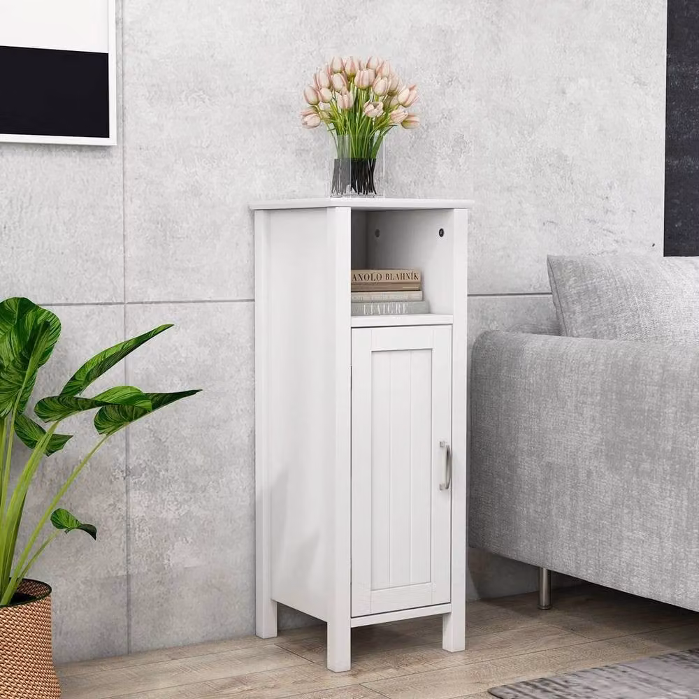 KORVIXA Modern White Corner Freestanding Bathroom Storage Organizer with Hinged Doors and Open Shelf – 2