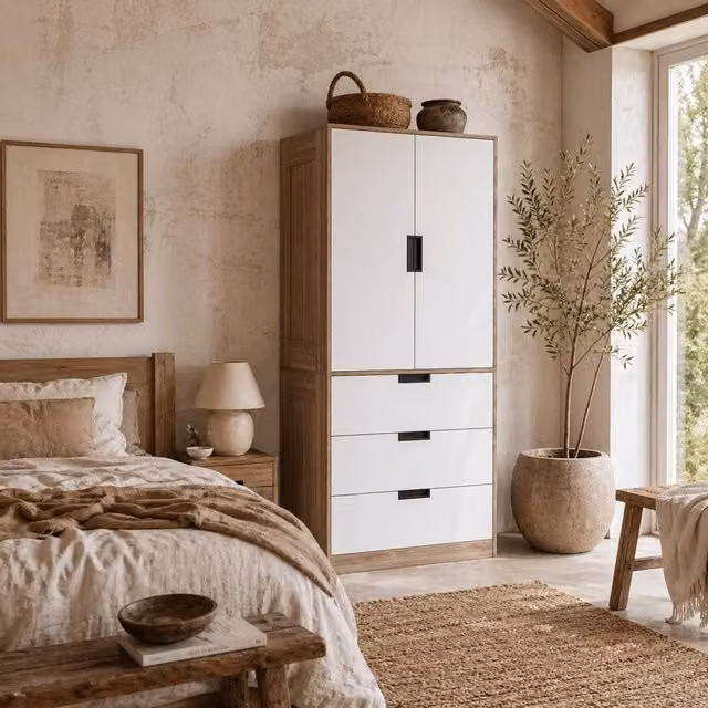 Wyld Haus Coracasa 2 Door Wardrobe with Hanging Rail and 3 Internal Drawers, White and Brown, H 180 x W 80 x D 50 cm