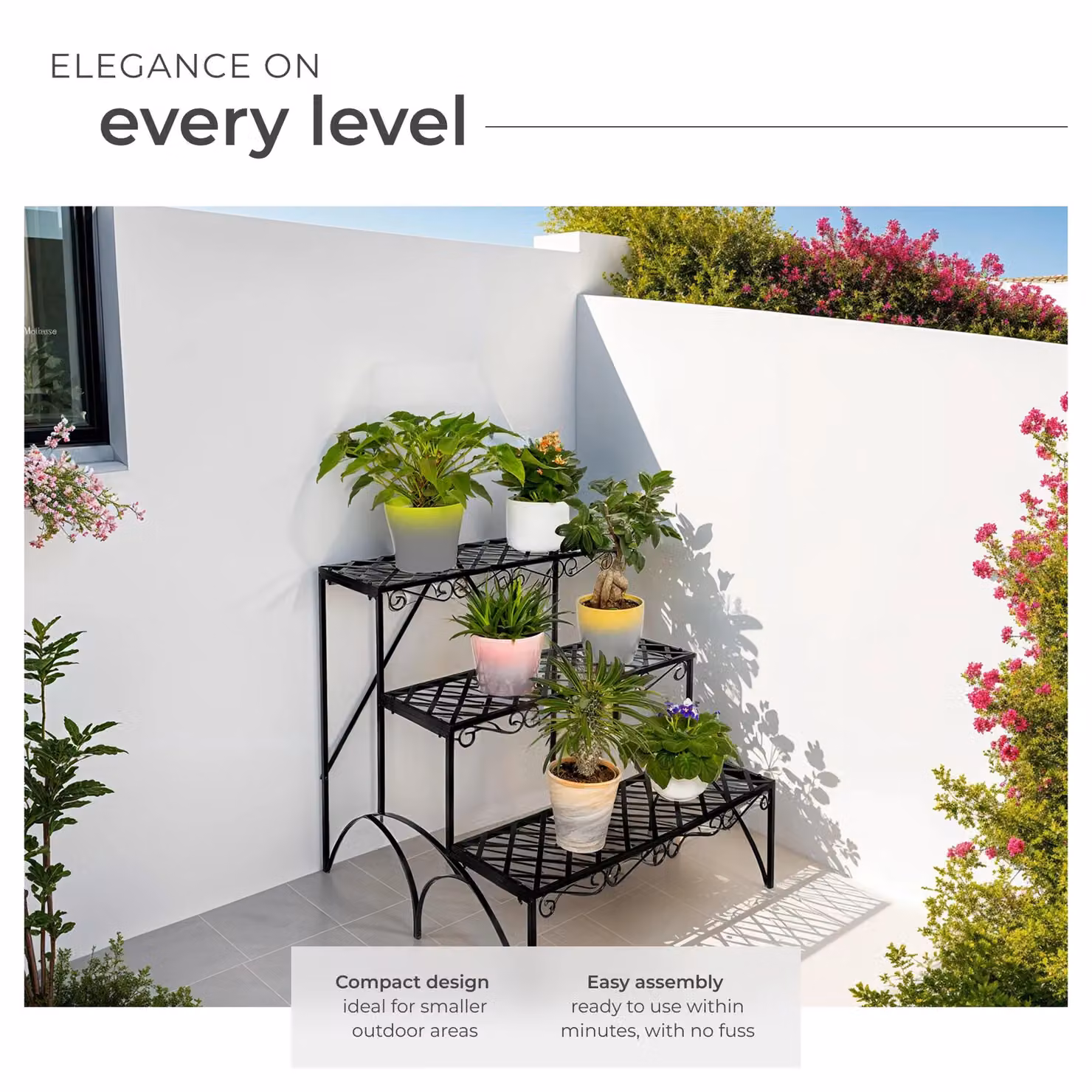 tectake 3-Tier Metal Plant Stand in Matt Black, W/D/H: 60 x 60 x 60 cm – 3