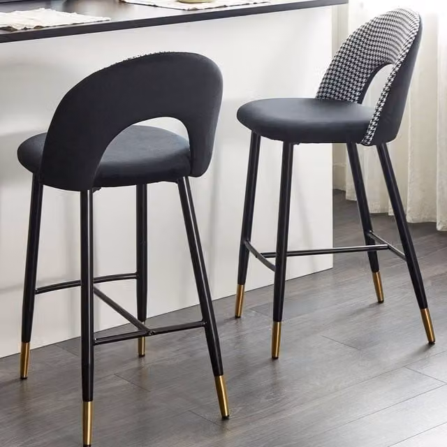 Wyld and Coco Set of 2 Velvet Steel Bar Chairs in Black and White with Gold Trim
