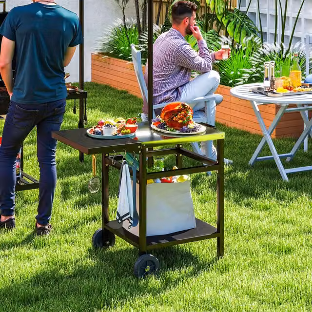 Outsunny Modern Black Metal BBQ Trolley with Foldable Stainless Steel Side Table