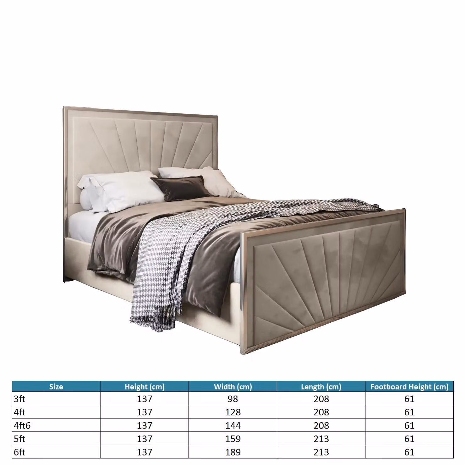 KDMD Roxy Double Bed Frame in Beige Velvet and Metal, W/D/H: 140 x 200 cm – 4