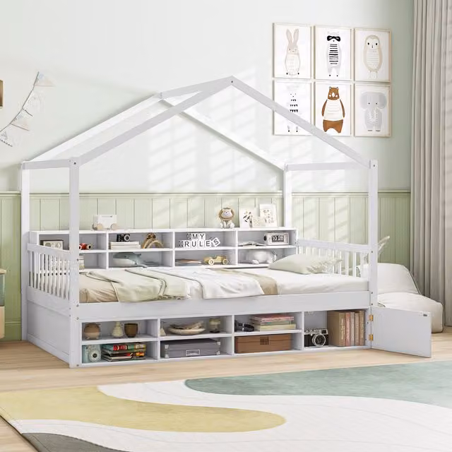 Costway Single Size White House Bed with Roof and Side Compartments for Children