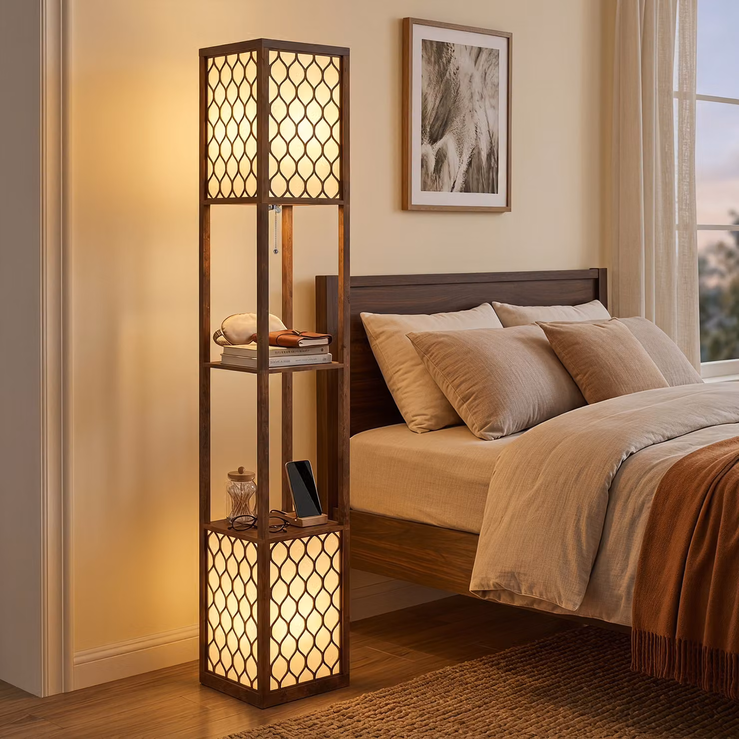 HOMCOM Modern Tall Floor Lamp with Shelves and Fabric Lampshades in Rustic Brown – 2