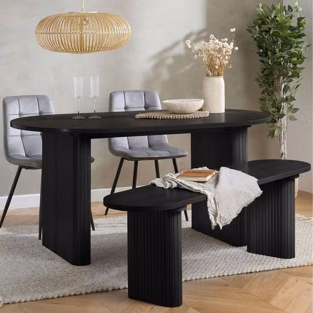 Birlea Axel Oval Fluted Dining Set in Black with Table, 2 Chairs and Bench – 1