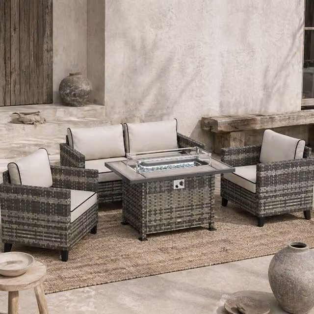 Wyld Haus Nerato Grey 4 Seater Rattan Garden Sofa Set with Gas Fire Pit Table