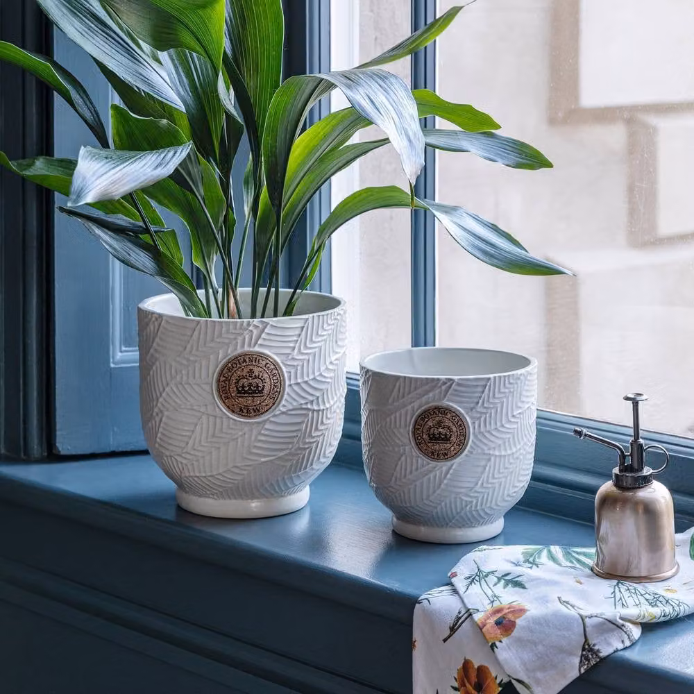 Ivyline Kew Leaf Embossed Ceramic Plant Pot in White, H18 x D18 cm – 2