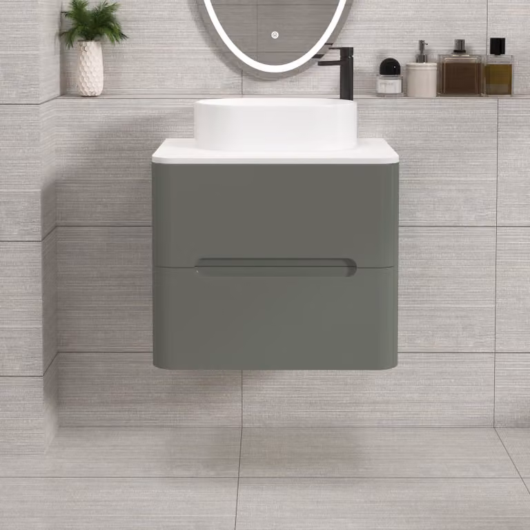 Royal Bathrooms Venice Wall Hung Vanity Unit in Sage Green with 2 Drawers, Plain White Worktop and Peak Basin, Width: 60 cm