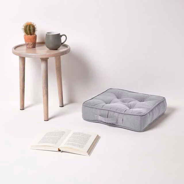 Homescapes Rajput Ribbed Cotton Floor Cushion in Silver and Grey