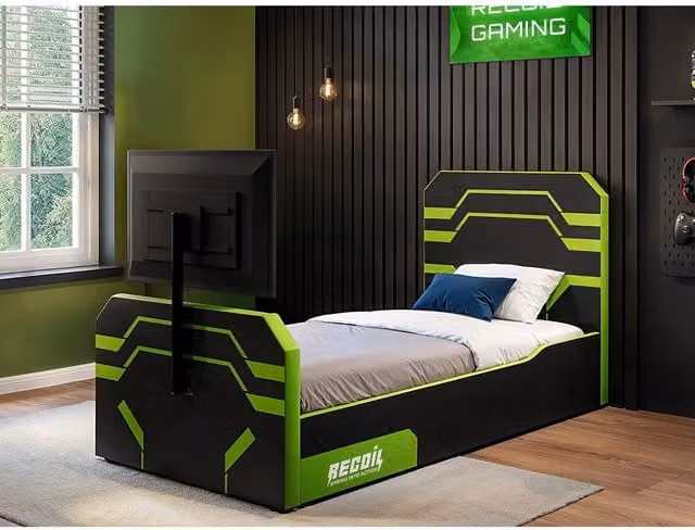 Alister Recoil Modern Upholstered Side Lift TV Ottoman Bed in Black and Green, W/D/H: 90 x 190 cm