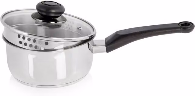 Swan Townhouse 16cm Stainless Steel Saucepan with Glass Lid and Pouring Spout in Silver