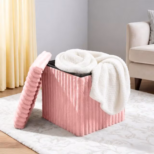 Groundlevel Pink Faux Fur Ribbed Cube Ottoman Storage Box