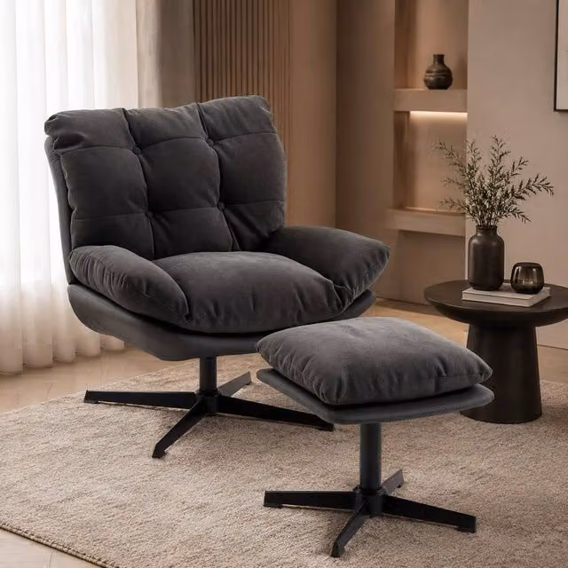 STILVORA Swivel Accent Chair with Ottoman, Grey Fabric and Metal Frame