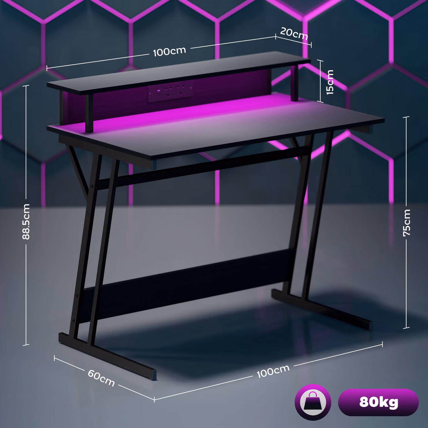 HOMCOM Black Z-Shaped Gaming Desk with LED Lights and Power Outlets, W: 100 cm, D: 60 cm – 2