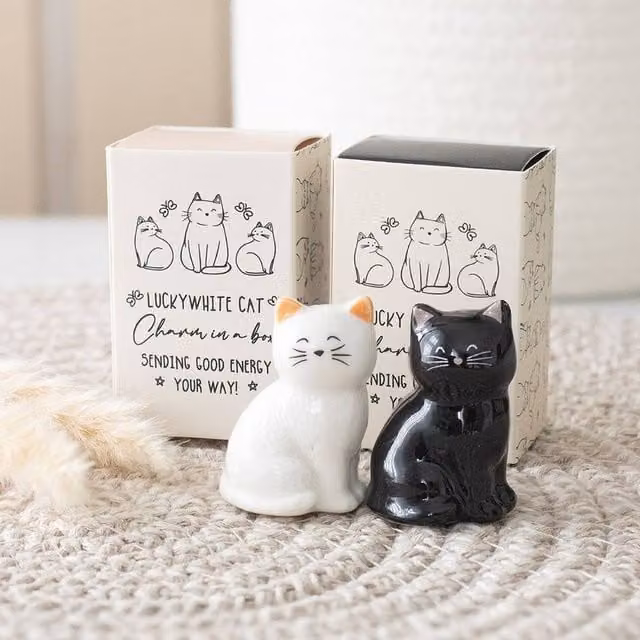 Uniqueful Set of 24 Ceramic Lucky Cat Charms in White, Black and Multicolour