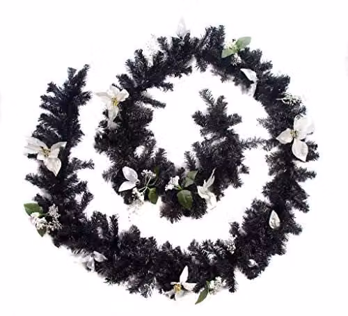 Best Artificial Black and Silver Decorated Christmas Garland with Foliage and Baubles (12ft)