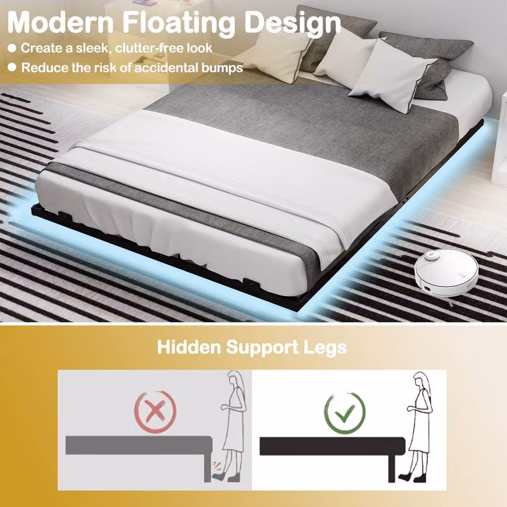 Costway Double Size Modern Metal Floating Bed Frame with LED Under-Bed Lighting in Black, 140 x 200 cm – 4