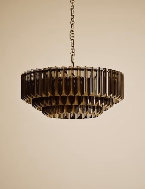M&S 3 Tiered Amber Glass and Gold/Brass Metal Suspended Chandelier