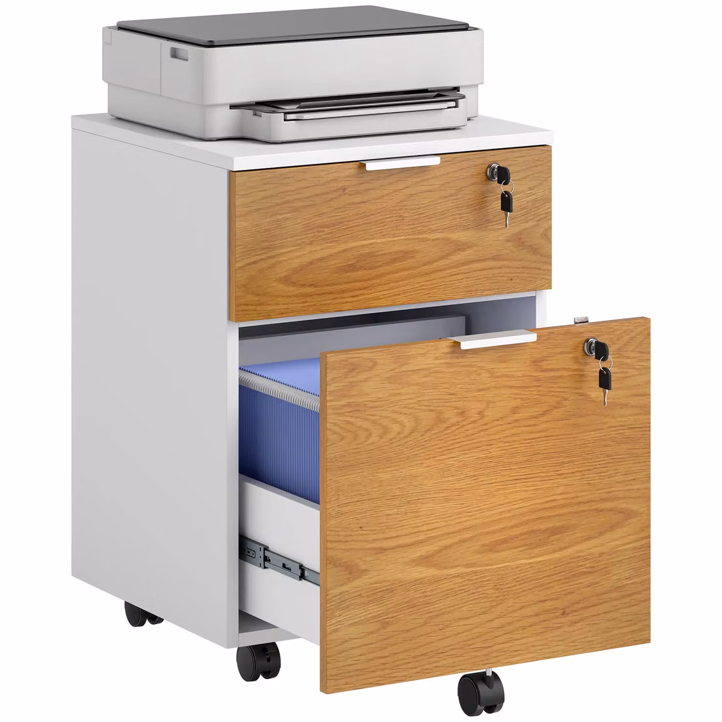 HOMCOM Lockable 2 Drawer Vertical Filing Cabinet on Wheels in Brown – 2
