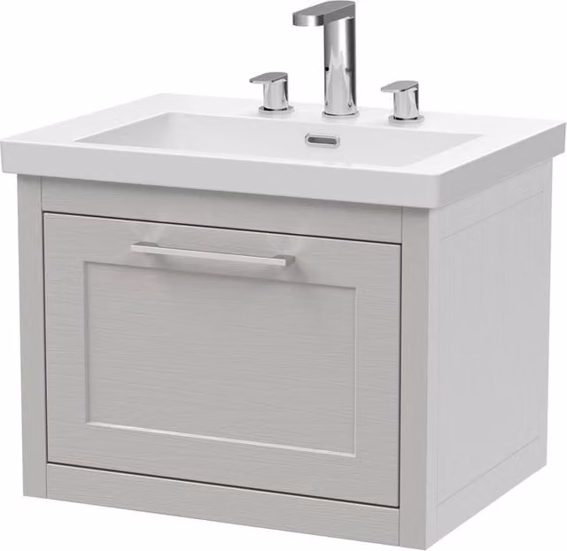 Balterley Blithbury Wall Hung 1 Drawer Vanity Basin Unit in Grey Woodgrain, W: 60 cm, D: 45 cm