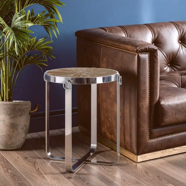 Orsina Boho Round Side Table with Elm Wood Top and Silver Stainless Steel Cross Base