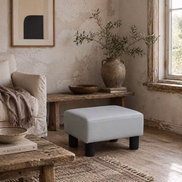 Wyld Haus Relata Grey Faux Leather Cube Footstool with Black Legs – 1