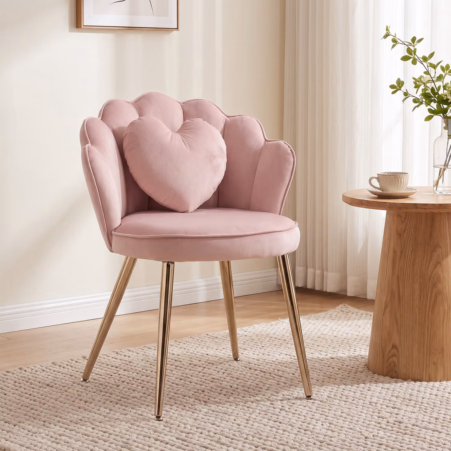HOMCOM Velvet Upholstered Accent Chair in Soft Pink with Gold Metal Legs and Lotus Back Design – 2