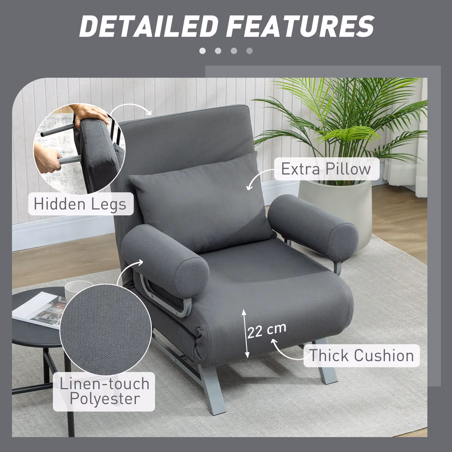 HOMCOM 3-in-1 Convertible Single Sofa Bed in Grey with Adjustable Backrest and Armrests – 5