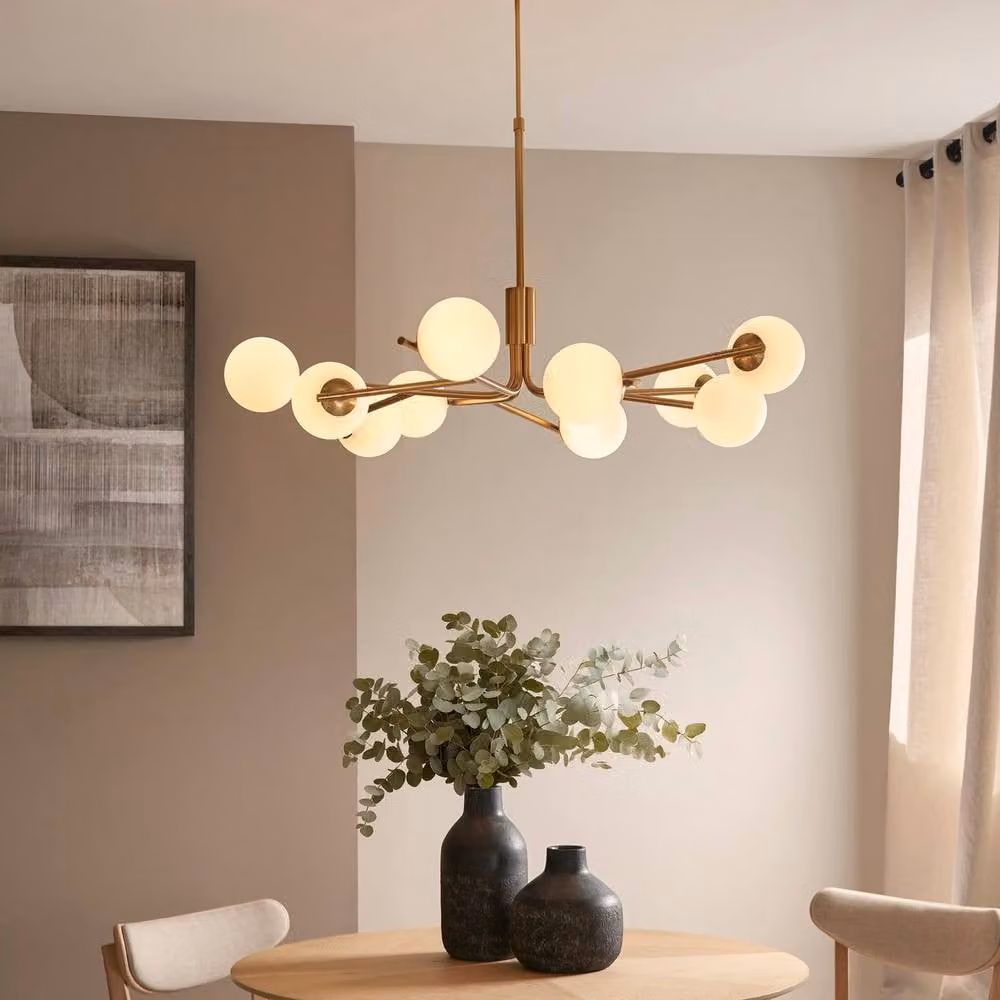 Netlighting Aaron Multi Arm Pendant Light in Gold with 10x Matt Opal Glass G9 Spheres – 2
