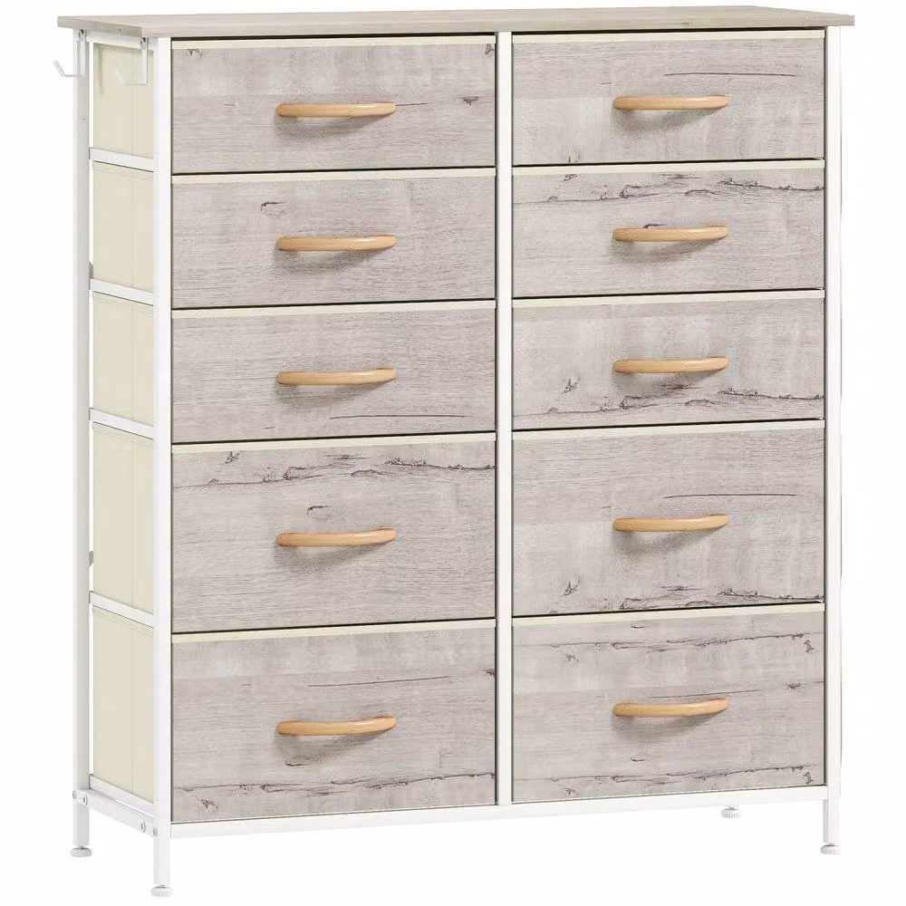 Wyld Haus Nipa 10 Drawer Fabric Dresser in White with Natural Wood Effect and Steel Frame – 2