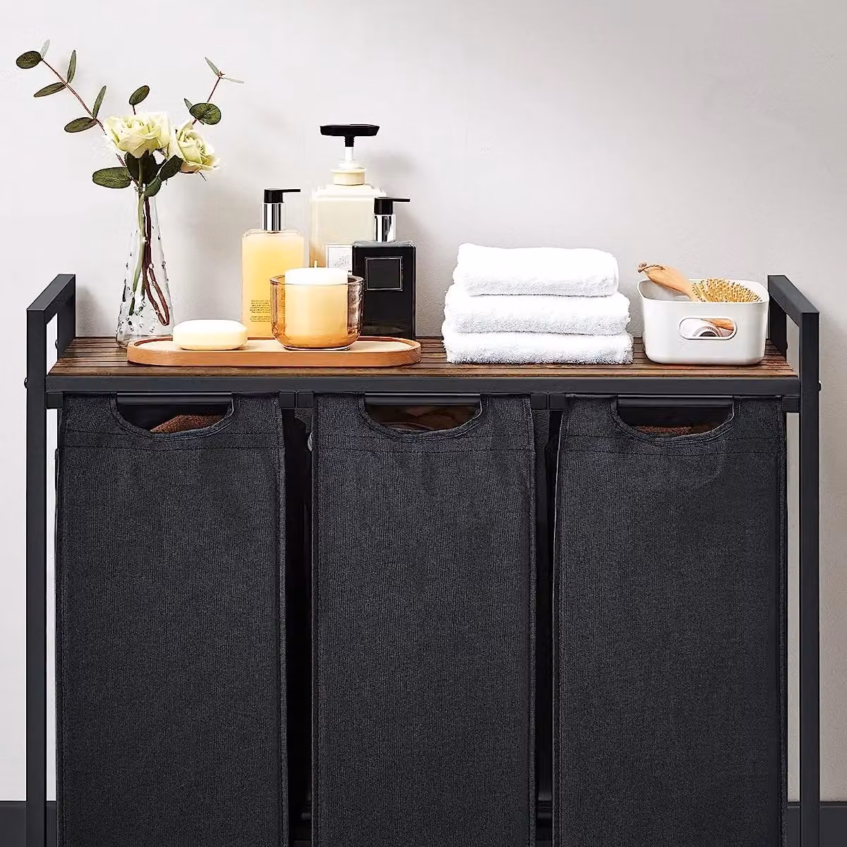 VASAGLE 3 Compartment Laundry Basket with Shelf and Metal Frame, Black – 4