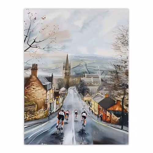 Artery8 Cyclists in Misty Yorkshire Town Street Painting Wall Art Poster Print, Multicolour, W: 45.72 cm x H: 60.96 cm – 1