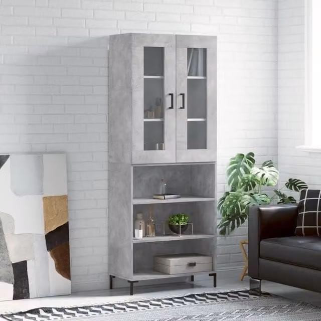 Berkfield Home Highboard in Concrete Grey with Glass Doors, W/D/H: 69.5 x 34 x 180 cm