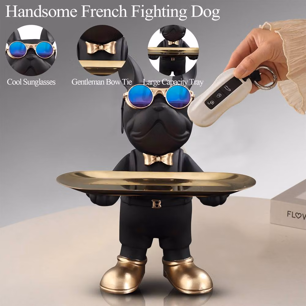 Huhote Black Resin French Bulldog Statue with Tray Tabletop Sculpture – 4